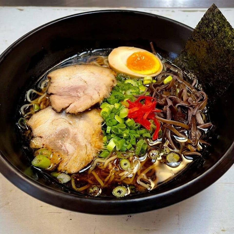 Bowl of ramen with pork slices, noodles, soft-boiled egg, seaweed, green onions, and red peppers on a rustic wooden table.