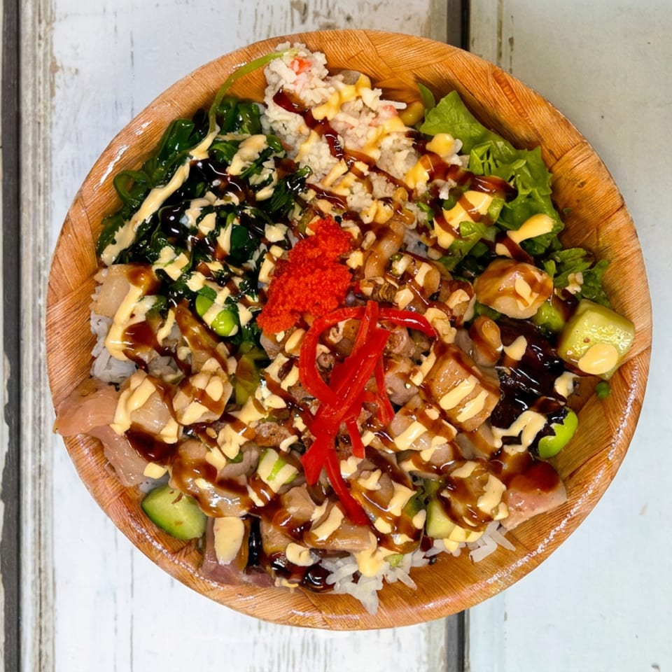 Overhead view of a colorful rice bowl topped with vegetables, sliced meat, red peppers, sesame, and drizzled sauces on a wooden table.