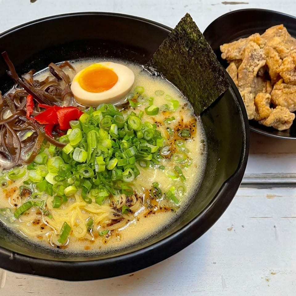 Black bowl of creamy ramen topped with egg, green onions, seaweed, and red ginger, accompanied by fried chicken pieces.