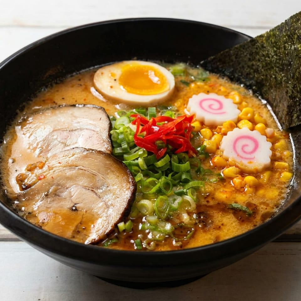Bowl of Japanese ramen topped with pork slices, soft-boiled egg, corn, green onions, narutomaki, red peppers, and nori.