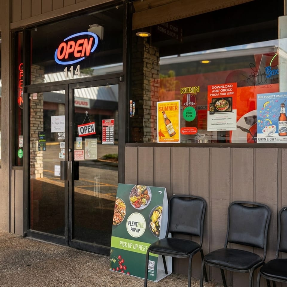 Restaurant entrance with an illuminated open sign, promotional posters, and three black chairs outside.