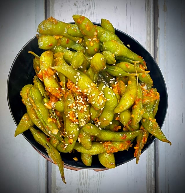 Spicy Garlic Edamame.