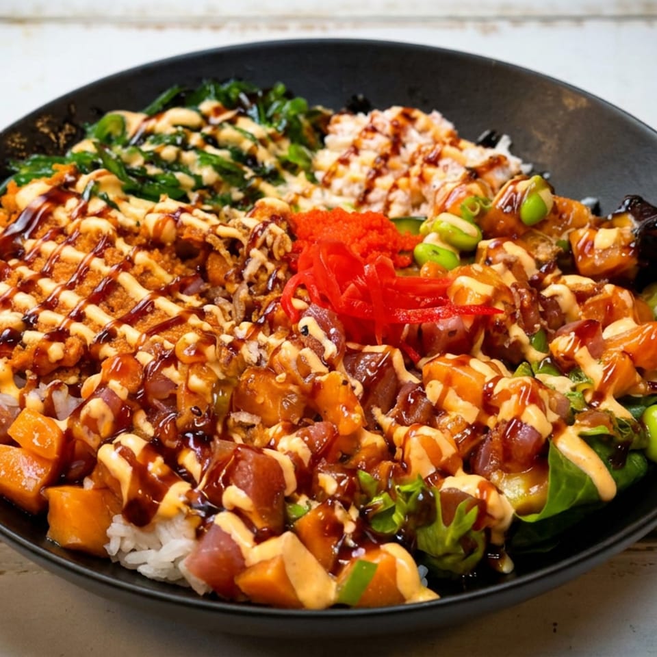 Loaded poke bowl with rice, diced salmon, vegetables, seaweed, pickled ginger, and drizzled spicy mayonnaise and teriyaki sauces.