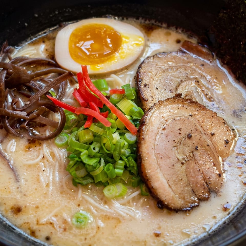 Creamy ramen topped with sliced pork, soft-boiled egg, mushrooms, green onions, red peppers, and seaweed in a black bowl.